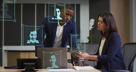 Animation of digital profile pictures over diverse coworkers discussing reports on digital tablet - Powered by Adobe