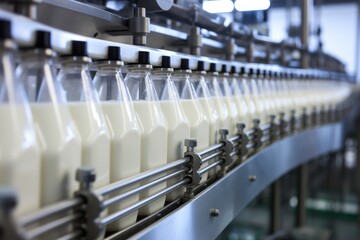 Filling milk or yoghurt in to plastic bottles at factory. Equipment at dairy plant. - obrazy, fototapety, plakaty