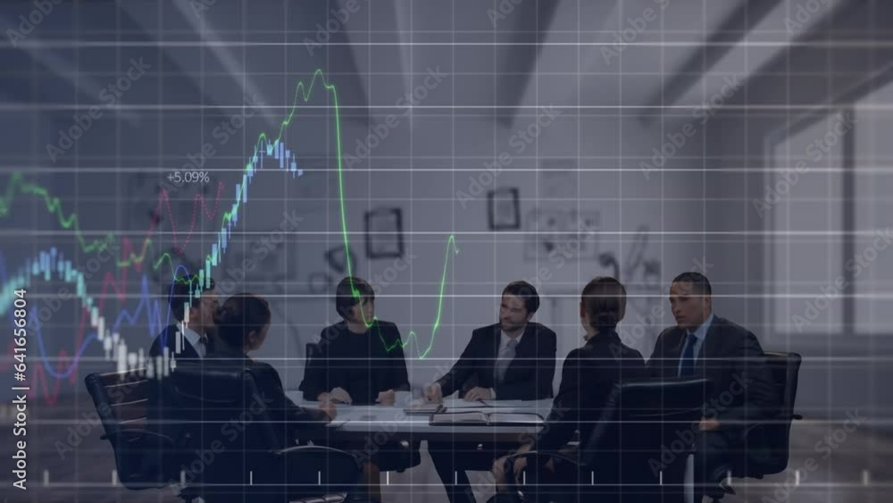 Poster animation of multiple graphs on grid moving over multiracial colleagues discussing in meeting