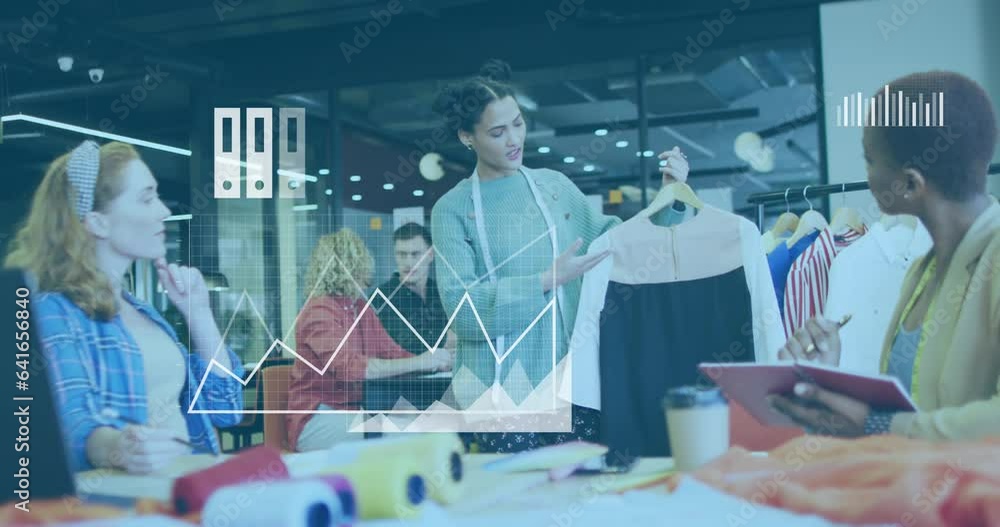 Poster animation of application icons and graphs over diverse designer showing garment to coworkers