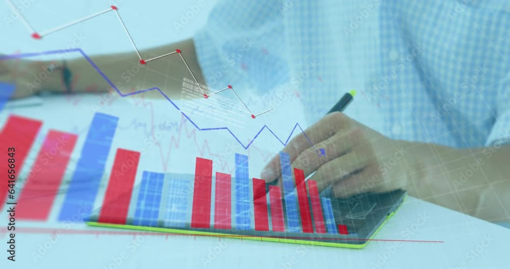 Aufkleber animation of graphs moving over caucasian businessman drawing on graphics tablet and using computer