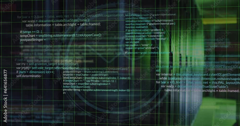 Poster animation of programming language, cyber security, message icons over data server systems