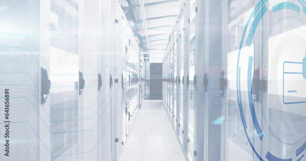 Poster animation of padlock and card icon in circle over data server room