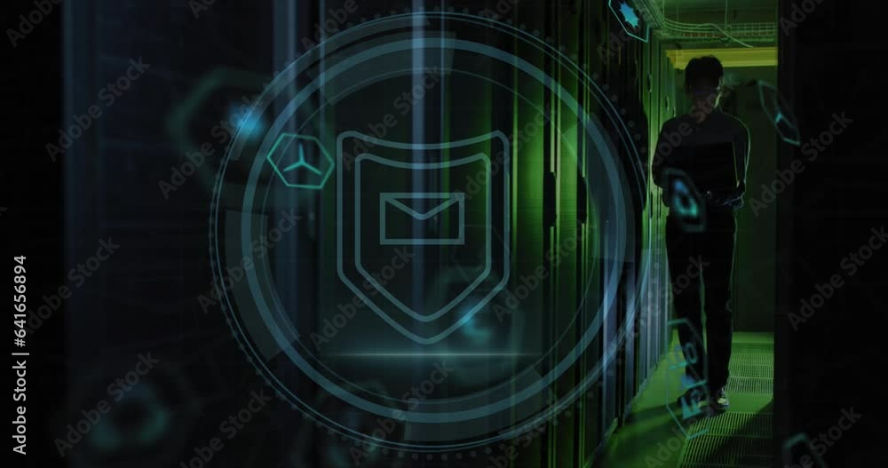 Poster animation of cyber security and padlock with renewable icons over asian man examining data servers
