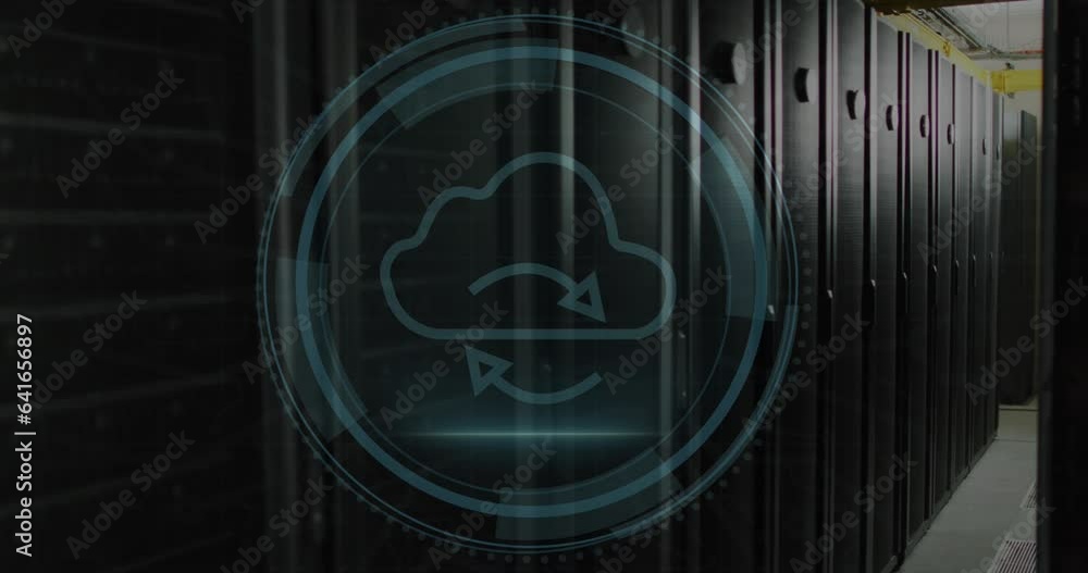 Poster animation of cyber security and cloud icon in circle over data server systems