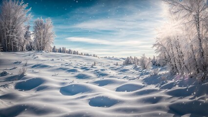 winter landscape with snow covered trees, blue sky with clouds in winter