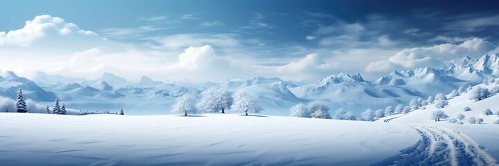 Obraz premium A vast snow-covered landscape, imprinted with the tracks of a snowmobile, while mountains grace the distant background, forming an invigorating backdrop. Photorealistic illustration, Generative AI