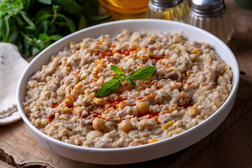 Traditional turkish food, made of meat and wheat, delicious ramadan food (Turkish name; Keskek)