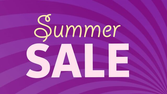 Animation of summer sale text over sunburst pattern against purple background