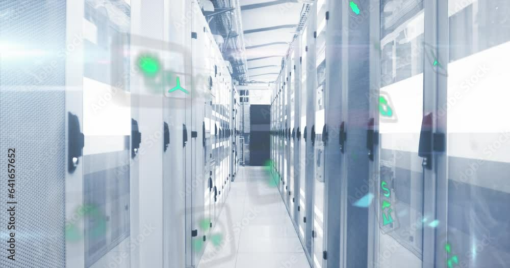 Poster Animation of icon in circles over moving bars on data server systems in server room