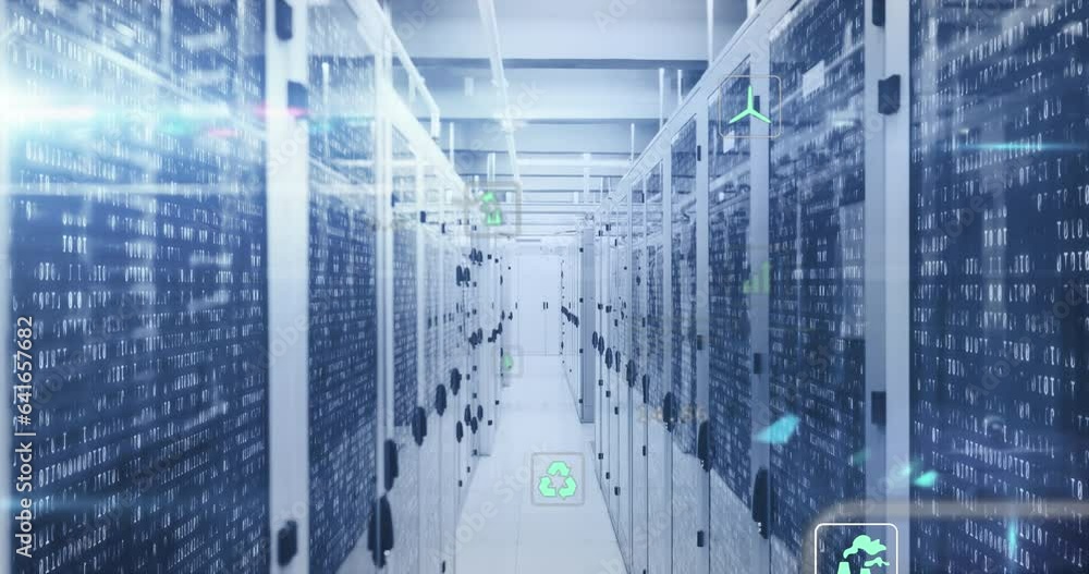 Poster animation of icon in circles over binary codes on data server racks in server room