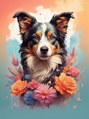 Fototapeta premium Artistic portrait of a beautiful dog with flowers. Generative AI
