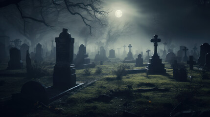 Eerie cemetery under a full moonlit night shrouded in fog - obrazy, fototapety, plakaty