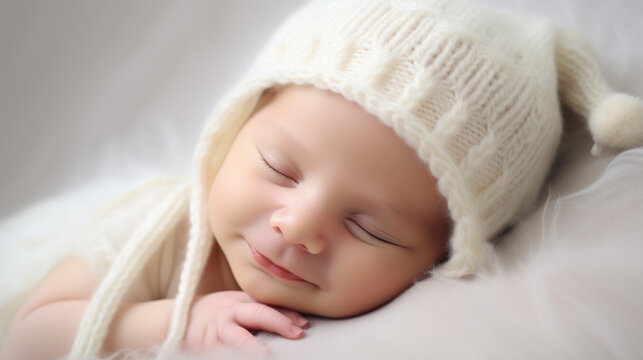Delicate and tender photograph of a newborn wearing a woolen hat on a silk sheet