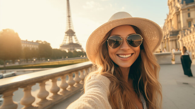 Young influencer girl taking a selfie with the Eiffel Tower in the background