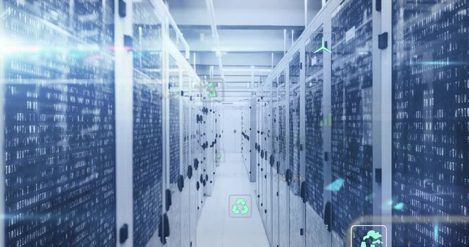 Animation of icon in circles over binary codes on data server racks in server room