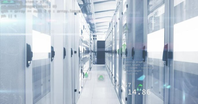 Animation of icons and computer language over moving bars on data server room