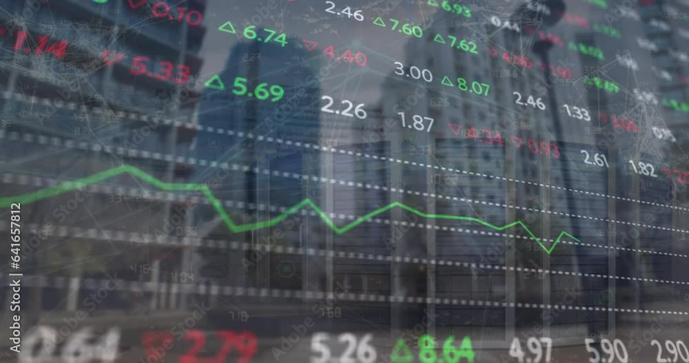 Poster animation of trading board with graph and changing numbers over modern buildings in city