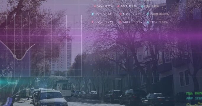 Animation of trading board, graph, light over tram moving on street amidst parked cars in city