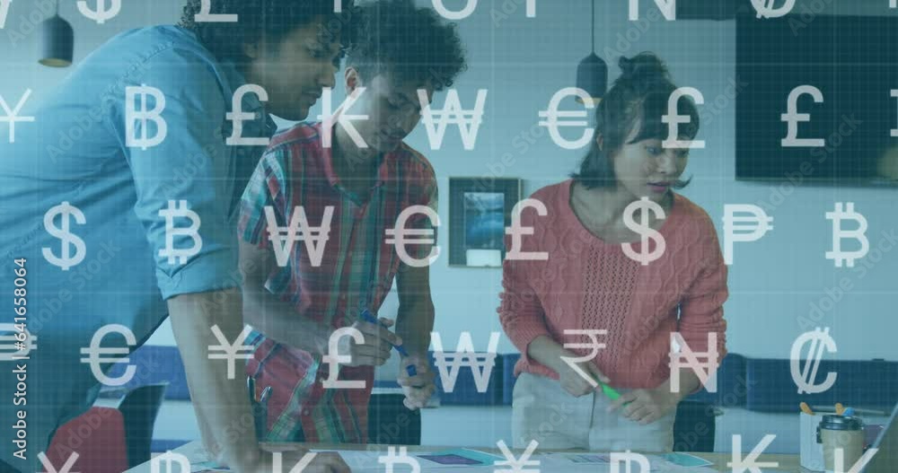 Poster animation of multiple currency symbols over diverse architects sharing ideas on blueprint in office