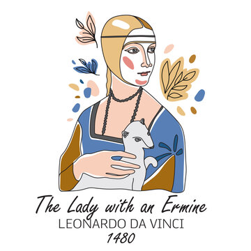 The Lady with an Ermine. Vector minimal line hand drawn illustration on white. Icon.