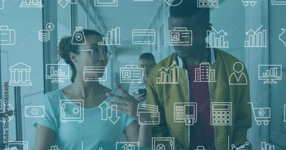 Aufkleber animation of multiple icons over diverse coworkers discussing while walking in corridor of office