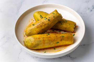 Stuffed zucchini with meat from traditional Turkish cuisine. Turkish name; etli kabak dolmasi