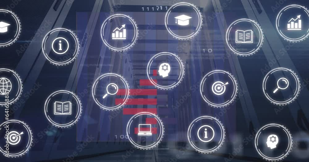 Poster animation of multiple icons, graphs and computer language over data server room