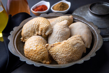 Traditional middle eastern food; stuffed offal, stuffed tripe. Stuffed belly mumbar. Turkish name; karin mumbar dolmasi