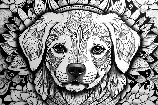 Printable coloring page of cute dog on white background - mandala theme. Image created using artificial intelligence.
