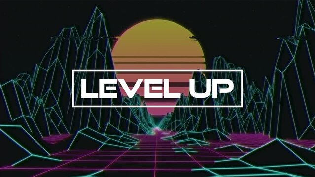 Animation of level up text moving amidst grid mountains with sun in background
