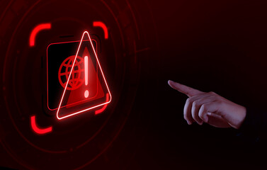 Hand touching anomaly warning icon due to hacker attack Cyber ​​Anomaly Notification,hacker...