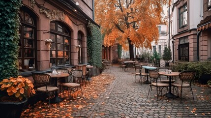 Fototapeta premium Cozy fall decor in a coffee house's terrace 