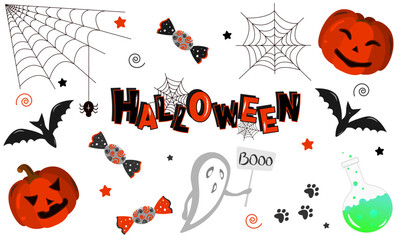 Halloween set of elements, candy, ghost, pumpkin, bat. Vector illustration, hand, isolated