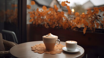 Cozy autumn day in a terrace with foamy coffee