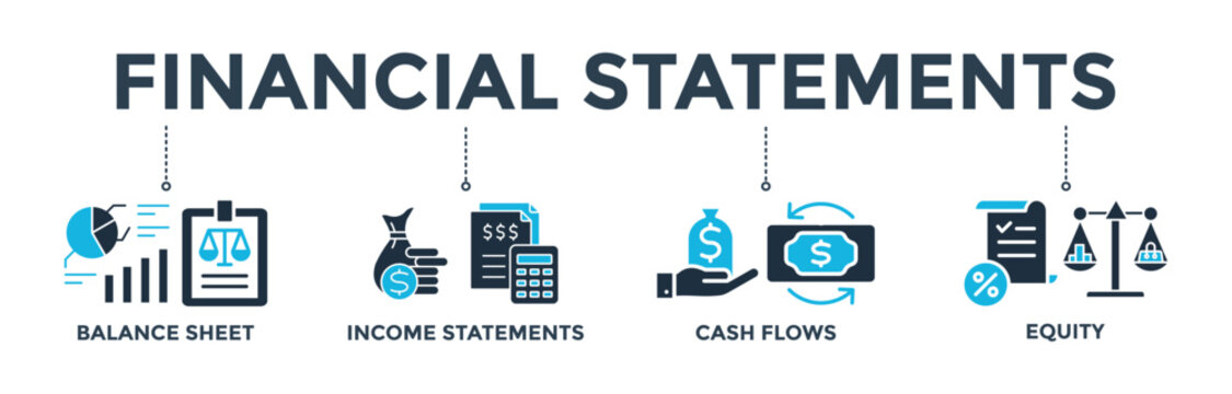 Financial statements banner web icon vector illustration concept with icon of graph, balance sheet, pie chart, income statements, money, calculator, income, earning, cash flow, equity, and balance