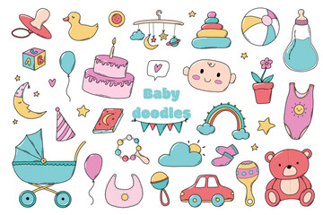 Set of baby doodles, toys, clip art, cartoon elements isolated on white background for stickers, prints, cards, signs, icons, sublimation, decor, etc. EPS 10