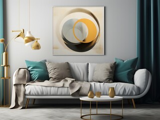 abstract gold and brown living room artwork in an art gallery, in the style of flat compositions, light gray and aquamarine, dark yellow and dark azure, circular shapes, classic still-life,