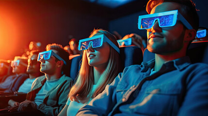Obraz premium Group of Young people wear 3D glasses watching movies in cinema. Generative Ai