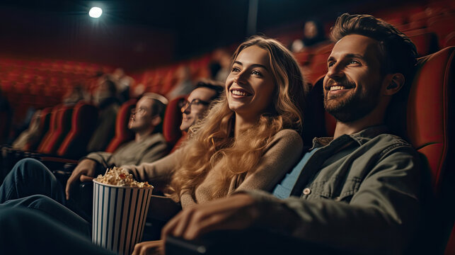 Happy young couple sitting at the cinema and enjoys watching the movie. concept of recreation and entertainment. Generative Ai