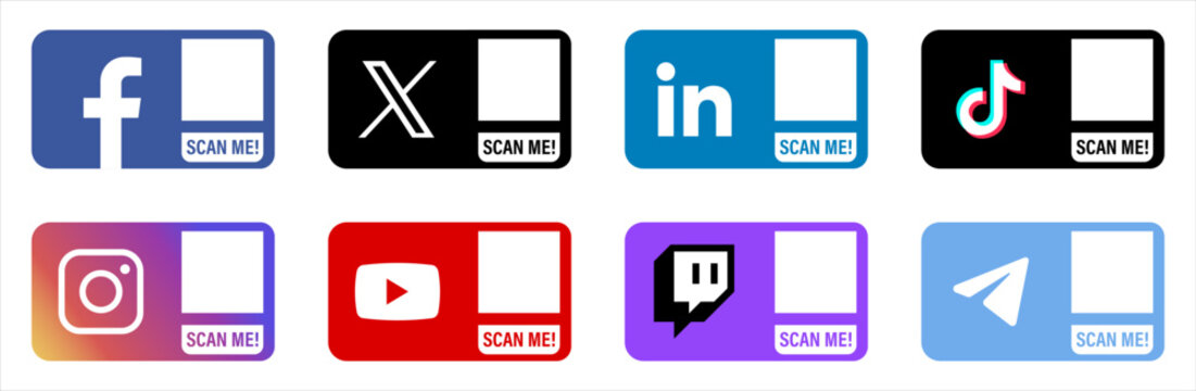 Social Media Icons. Facebook, X, LinkedIn, TikTok, Instagram, YouTube, Twitch, Telegram icons with QR code. Scan qr. Vector illustration