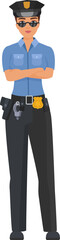 Serious policewoman with crossed arms. Standing female police officer in working uniform cartoon vector illustration