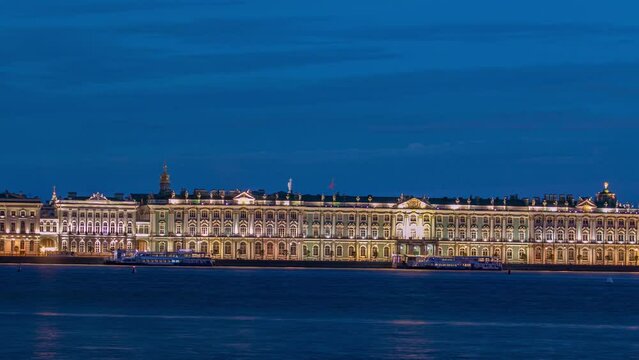 Timelapse showcasing the Palace waterfront, Winter Palace, and the backdrop of Church of the Savior on Spilled Blood. Viewed from Mytninskaya waterfront, captivating perspective of St. Petersburg