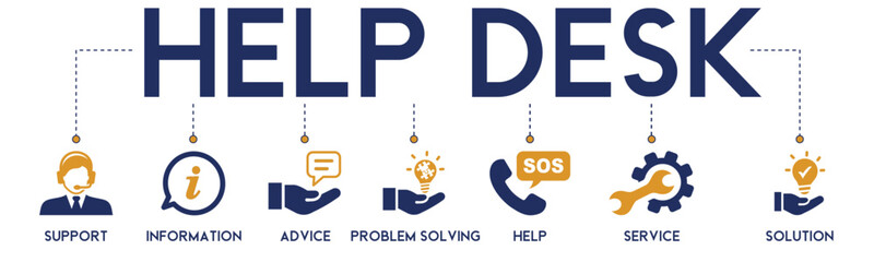 Help desk banner website icons vector illustration concept with an icons of support, information, advice, problem solving, help, service and solution on white background