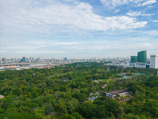 Aerial view Chatuchak green central park with office building JJ market