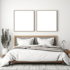 Wall art mockup. Wall art in bedroom. Two wall arts with wooden borders. Bedroom interior background. Empty mockup frame