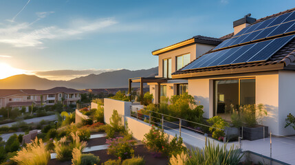 Fototapeta na wymiar Eco friendly neighborhood with solar panels on houses roofs