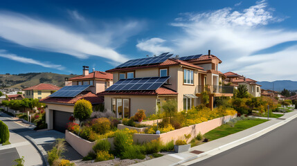 Fototapeta na wymiar Eco friendly neighborhood with solar panels on houses roofs