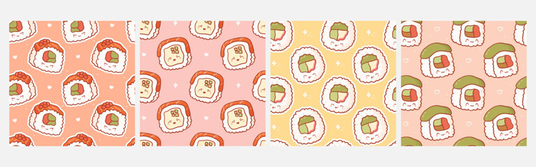 Collection of seamless pattern with cartoon kawaii sushi roll. Vector cute anime prints for phone case, backgrounds, fashion, wrapping paper and textile