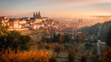 Naklejka premium city, prague, panorama, architecture, view, castle, town, europe, church, cityscape, old, cathedral, czech, night, travel, building, tower, skyline, sky, sunset, landscape, urban, landmark, autumn 